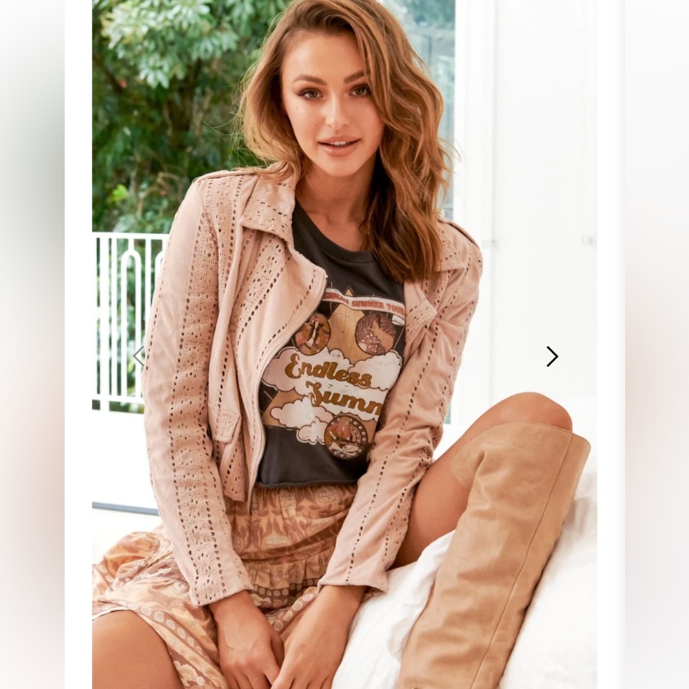 Jaase Jodi Jacket Blush Pink Eyelet Moto suede Western Boho Cropped Lace NEW - Picture 2 of 6